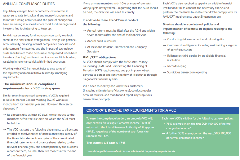 Text detailing annual compliance duties and corporate income tax requirements for a VCC in Singapore.
