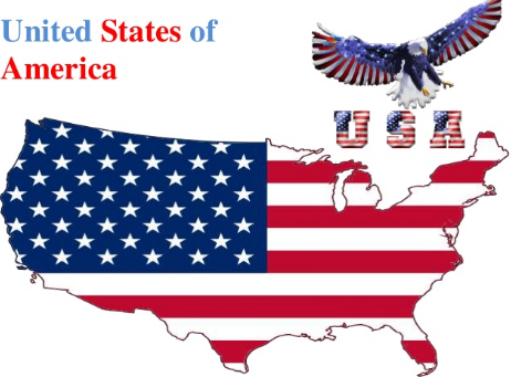 United States of America map with flag, eagle, and USA text.