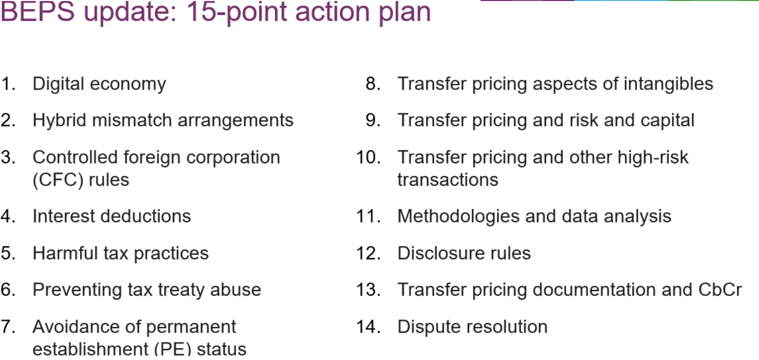 BEPS update: 15-point action plan listing 14 items including digital economy and transfer pricing.