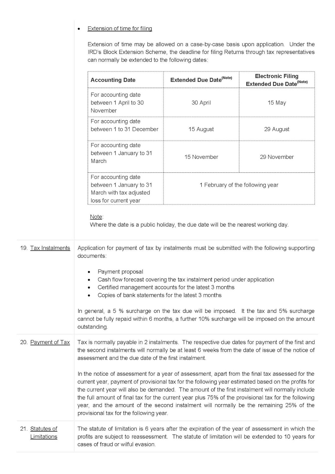 Table showing Hong Kong tax filing deadlines based on accounting date.