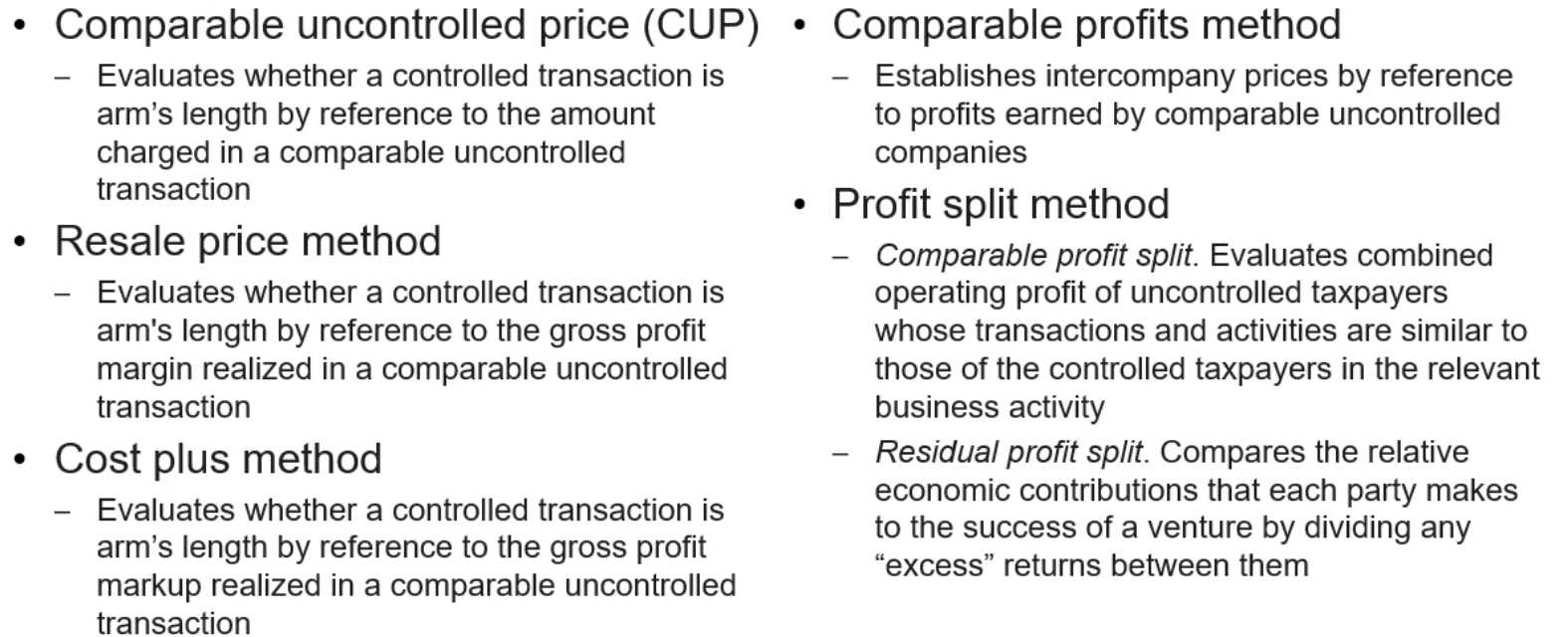List of US transfer pricing methods: CUP, Resale price, Cost plus, Comparable profits, and Profit split.