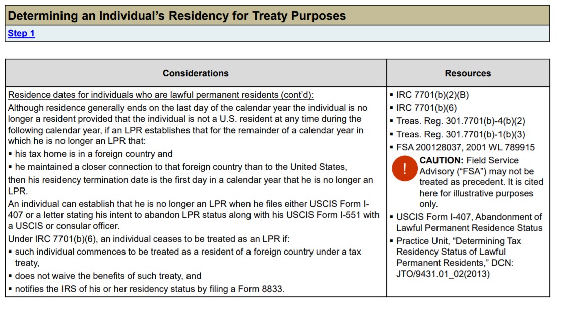 Screenshot of a table titled "Determining an Individual's Residency for Treaty Purposes" with considerations and resources.