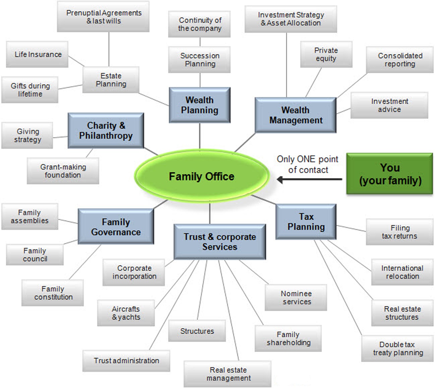 Diagram showing family office services including wealth planning, tax planning, family governance, and trust services.
