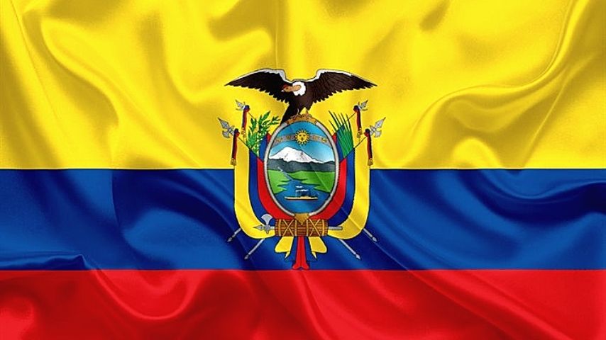 Flag of Ecuador with its coat of arms in the center.