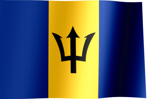 Flag of Barbados with blue vertical bands and a yellow vertical band with a black trident.