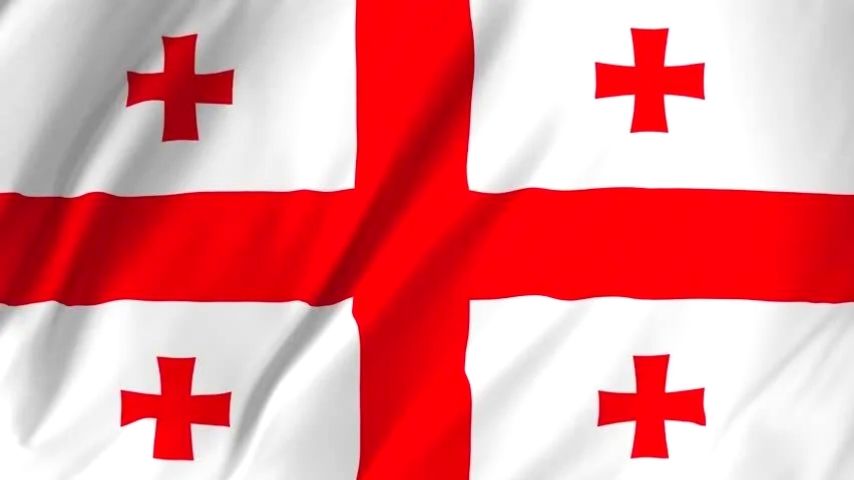 Flag of Georgia with red crosses on a white background.