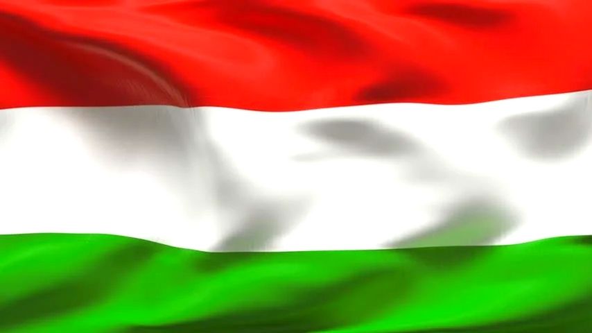 The flag of Hungary, with horizontal stripes of red, white, and green.