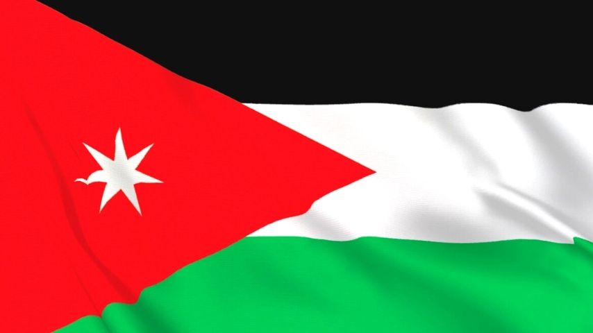 Jordanian flag with black, white, and green stripes and a red triangle with a white star.