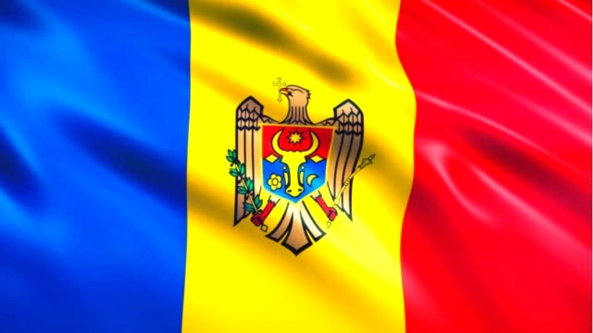 The flag of Moldova, featuring vertical stripes of blue, yellow, and red with its coat of arms centered on the yellow stripe.
