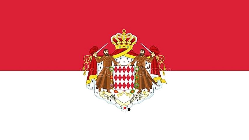 Flag of Monaco with coat of arms featuring two figures holding swords and a shield.