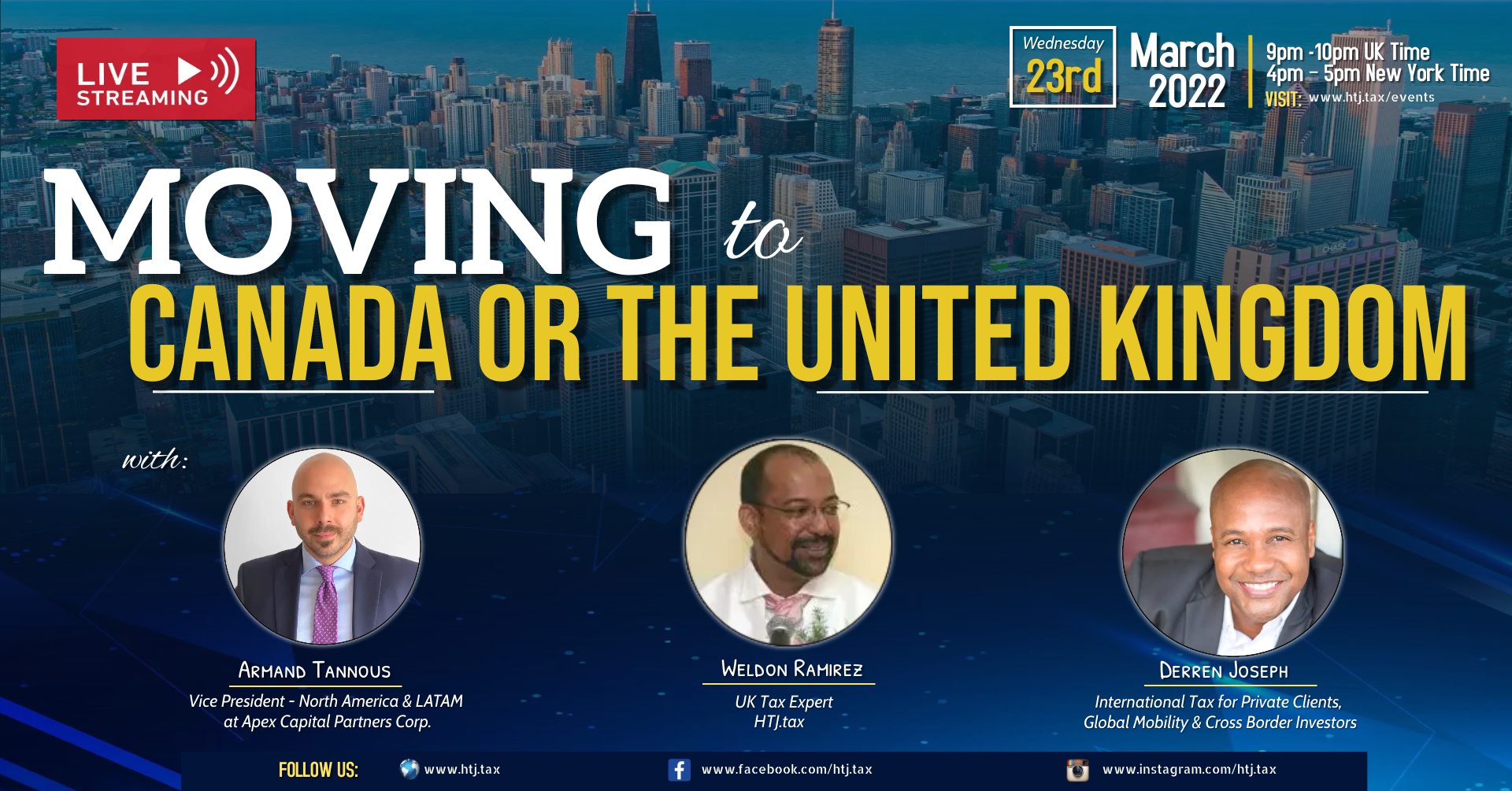 Webinar graphic for Moving to Canada or the United Kingdom with three speakers.