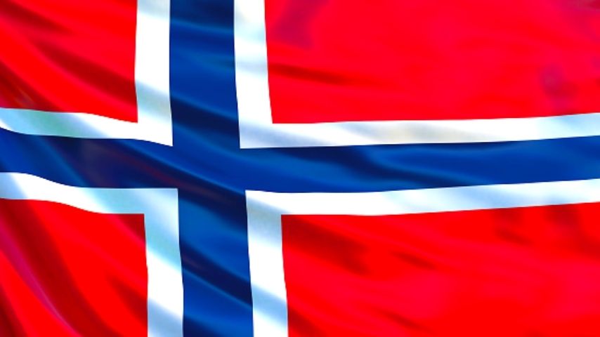 Waving flag of Norway with red, white, and blue colors.