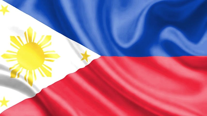 The flag of the Philippines with a sun and stars on a white triangle.