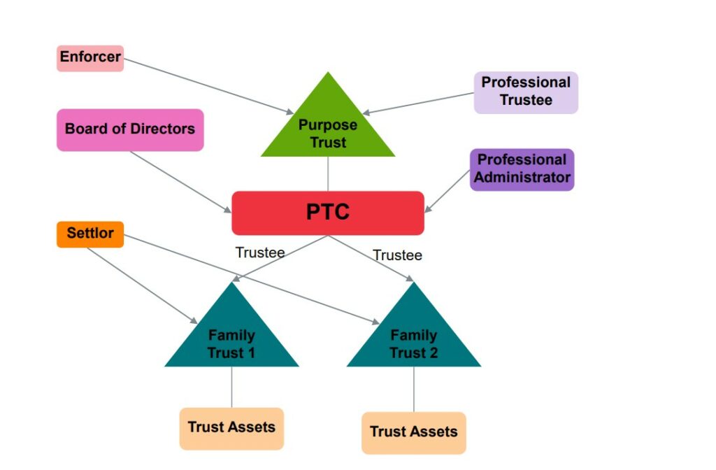 Diagram showing PTC at center, linked to Enforcer, Board of Directors, Purpose Trust, Professional Trustee, and