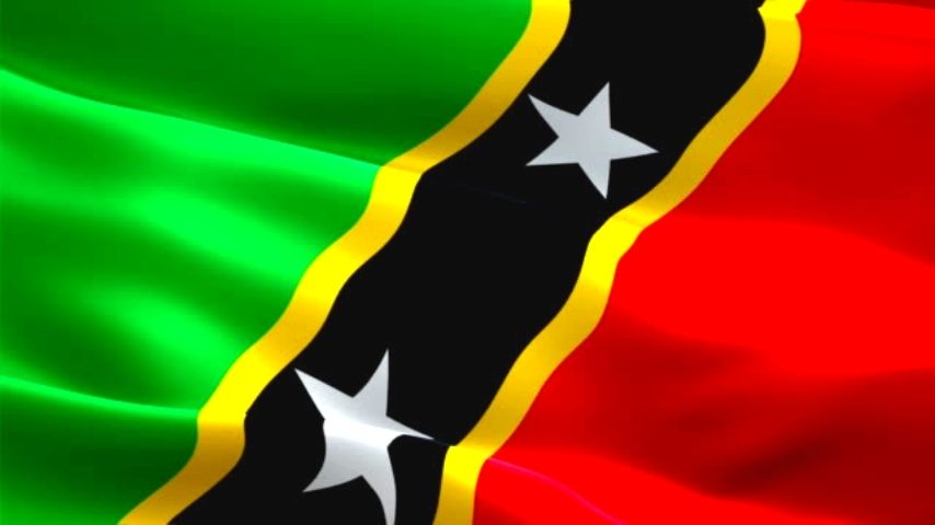 Flag of St. Kitts and Nevis with green, red, black, and yellow colors and two white stars.