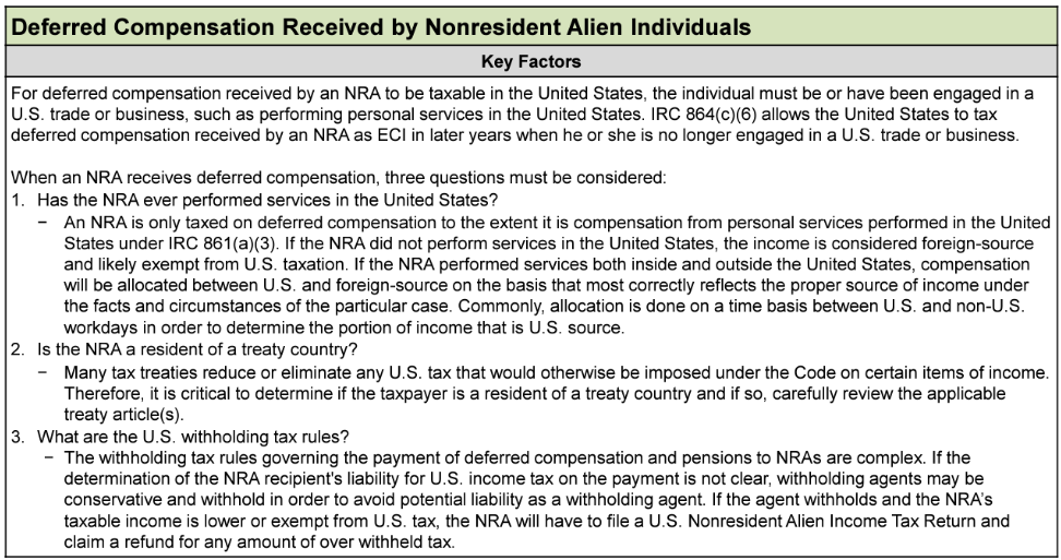 Screenshot of text titled "Deferred Compensation Received by Nonresident Alien Individuals" with key factors.