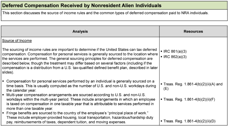 Screenshot of a document section on deferred compensation for nonresident alien individuals, detailing source of income