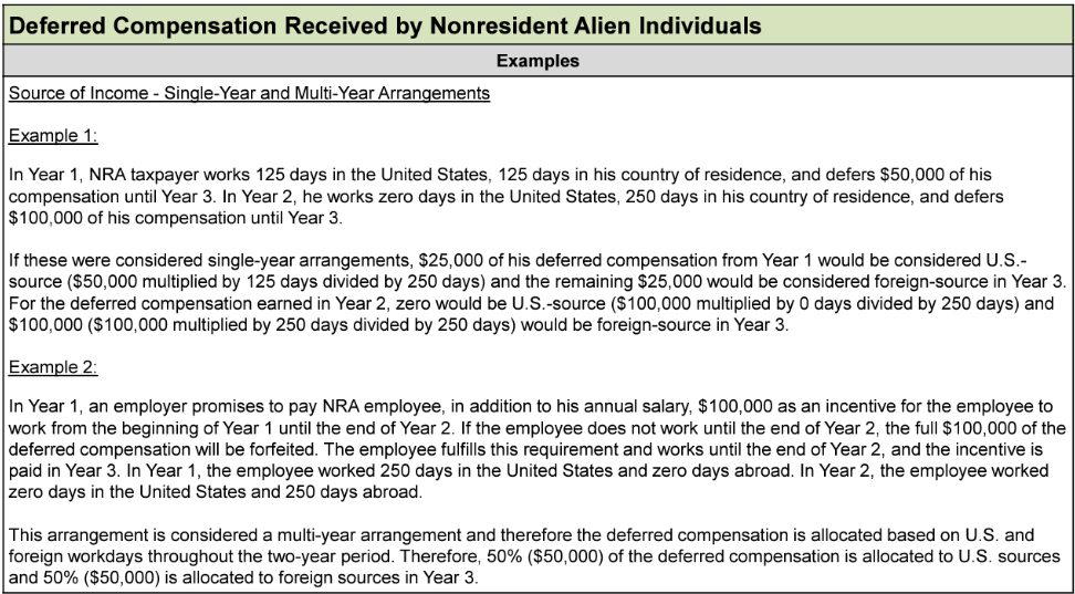 Screenshot of tax examples for deferred compensation received by nonresident alien individuals.