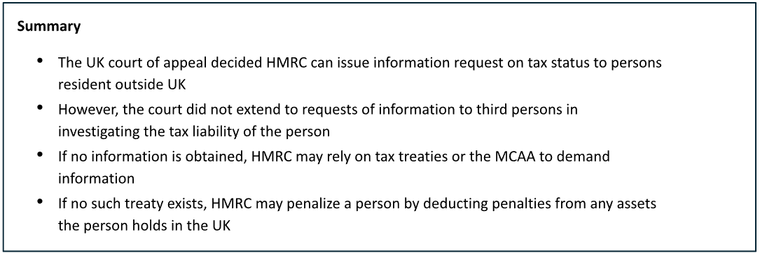 Summary of UK court decisions regarding HMRC information requests to non-residents.
