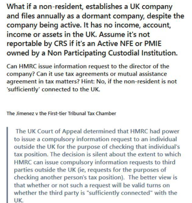 Text discussing UK company dormancy, HMRC information requests, and the Jimenez v Tax Chamber case.