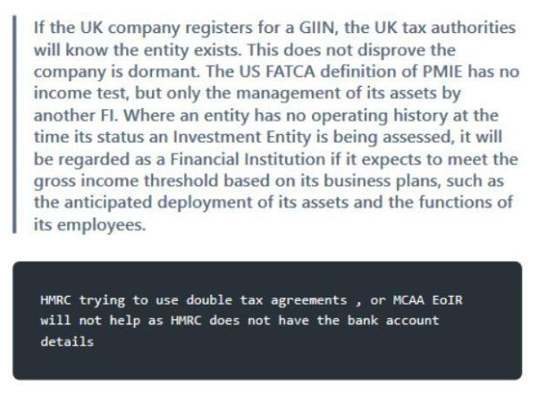 Text discusses UK company registration, FATCA definitions, and HMRC's limitations.