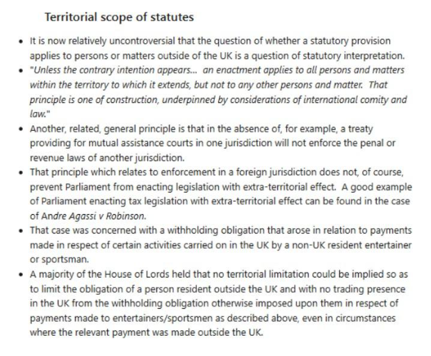 Bulleted list titled "Territorial scope of statutes" discussing UK statutory interpretation and extra-territorial effect.