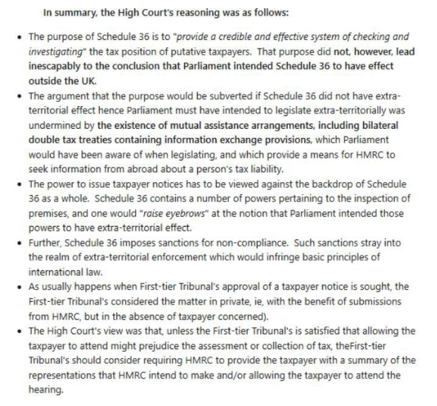 Screenshot of text summarizing High Court's reasoning on Schedule 36.