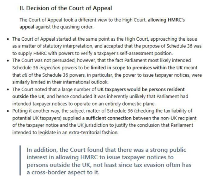 Screenshot of text detailing the Court of Appeal's decision regarding HMRC's powers.