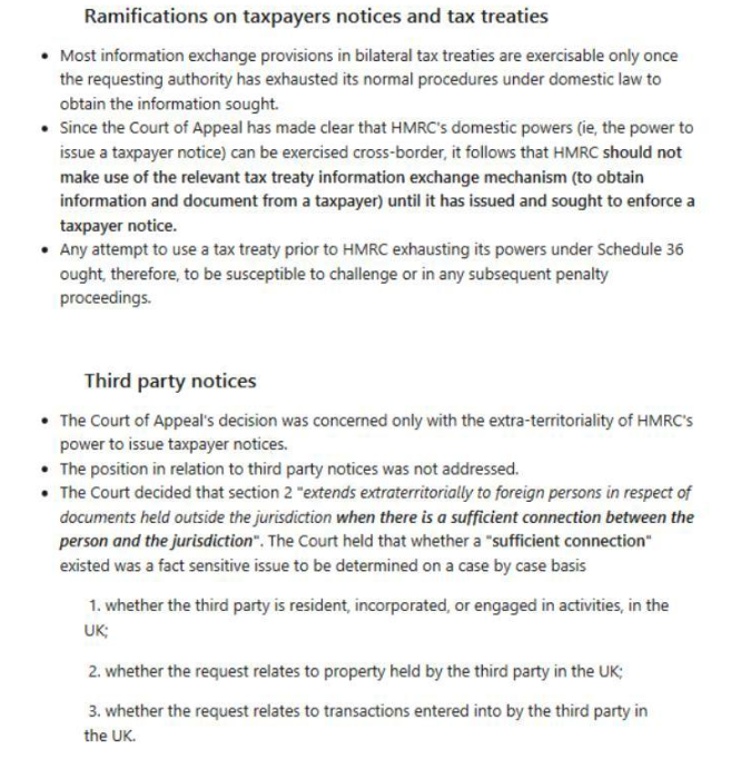 Screenshot of text discussing ramifications on taxpayer notices and tax treaties, and third party notices.