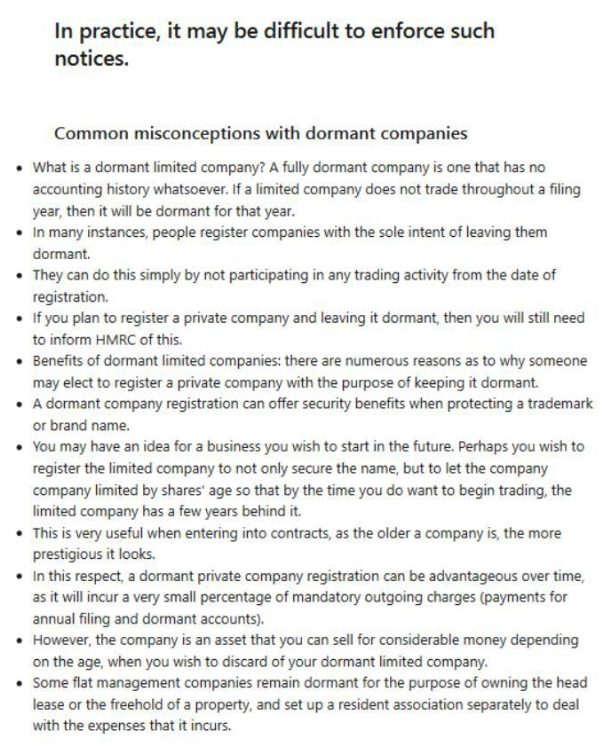 List of common misconceptions about dormant companies.