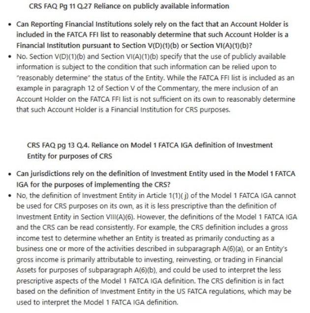 Screenshot of text discussing CRS FAQ questions on FATCA and investment entities.