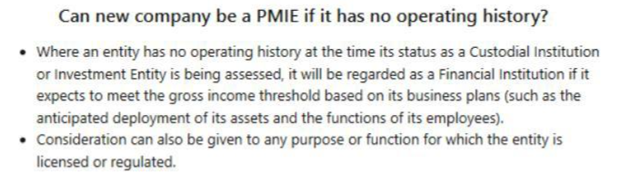 Text discusses if a new company can be a PMIE without operating history.