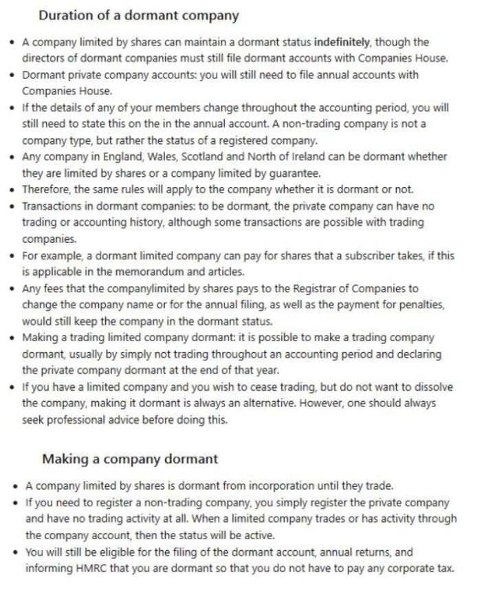 Screenshot of text about dormant companies and making a company dormant.