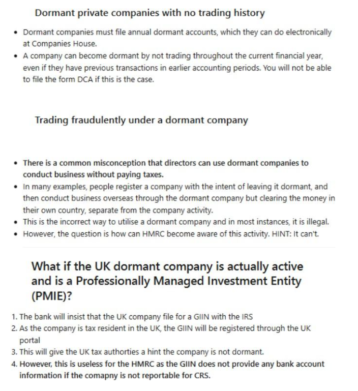 Text discussing dormant companies, fraudulent trading, and UK dormant companies as investment entities.