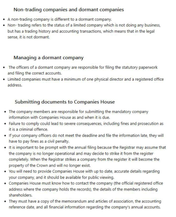 Screenshot of text about non-trading companies, dormant companies, and submitting documents to Companies House.