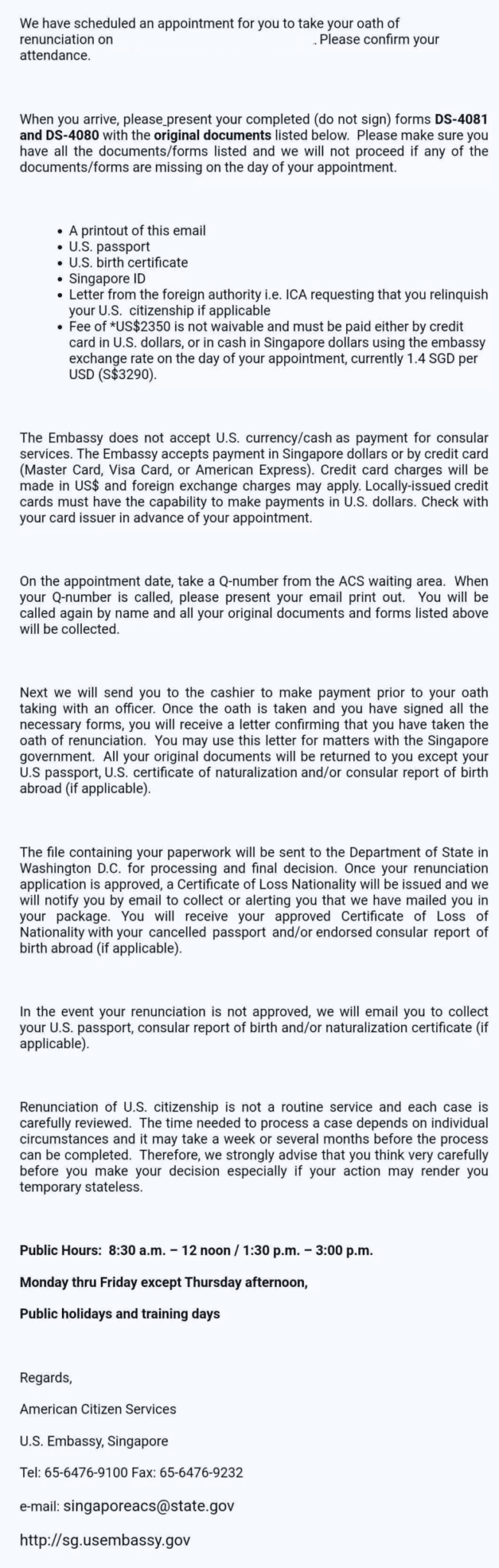 Email from U.S. Embassy, Singapore regarding renunciation appointment and required documents.