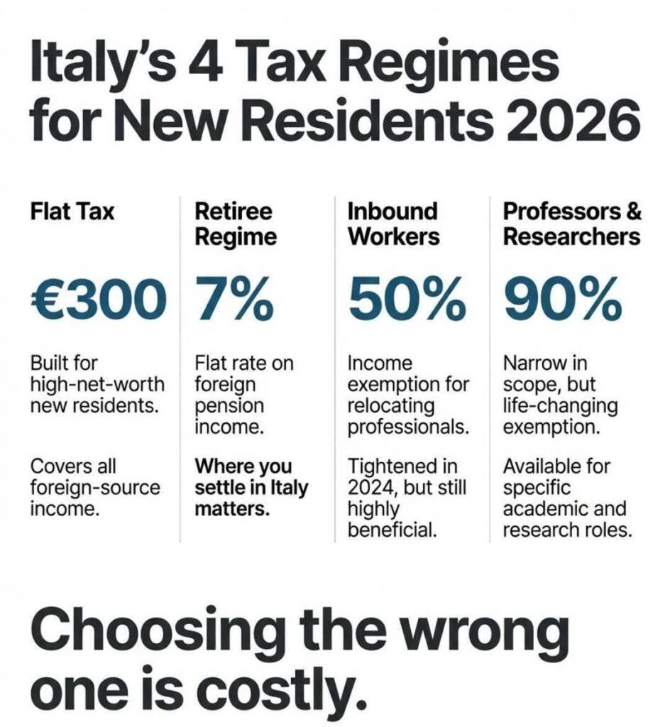 Italy's 4 tax regimes for new residents 2026: Flat Tax, Retiree Regime, Inbound Workers, Professors & Researchers.