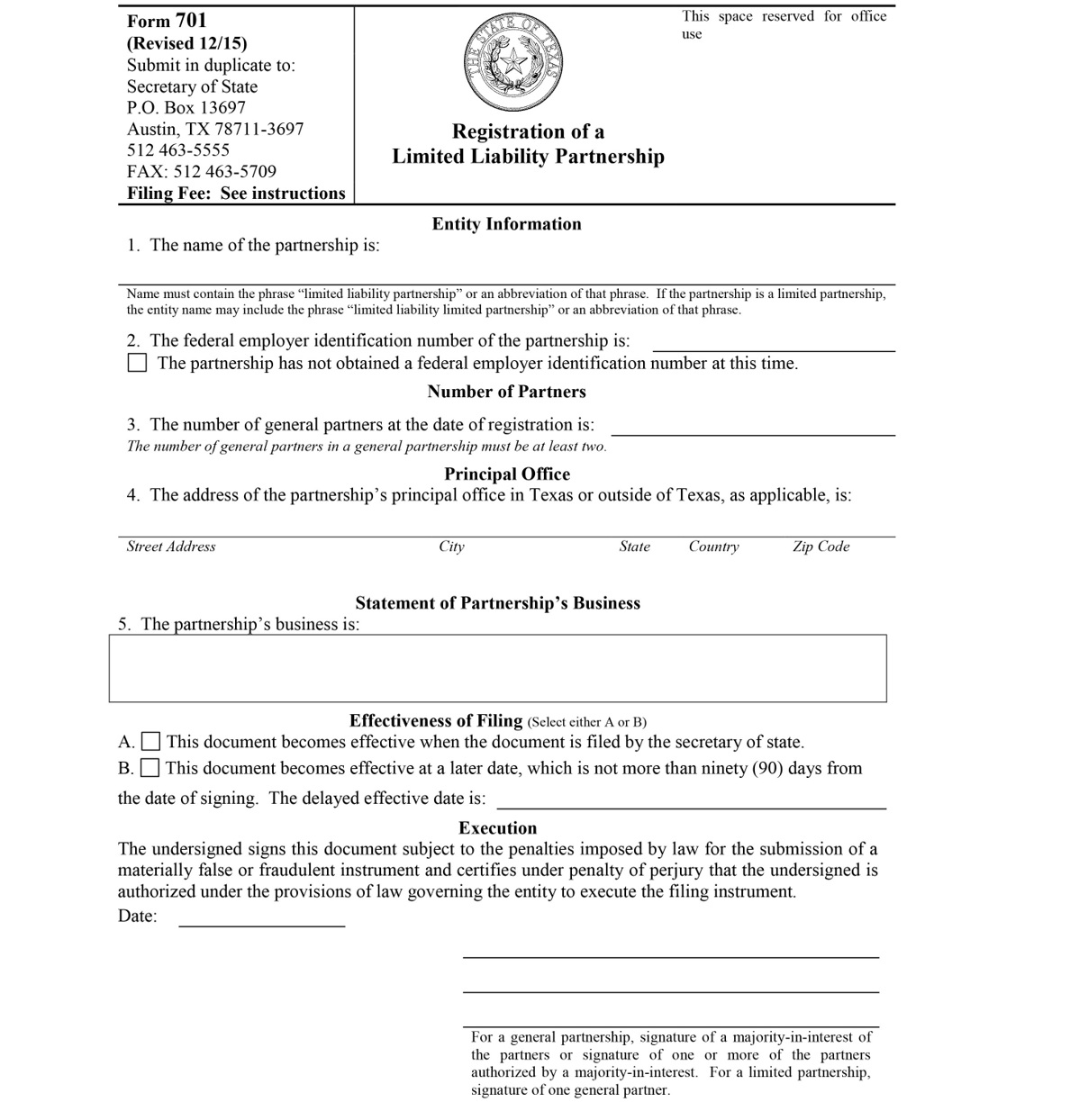 Texas Form 701, Registration of a Limited Liability Partnership.