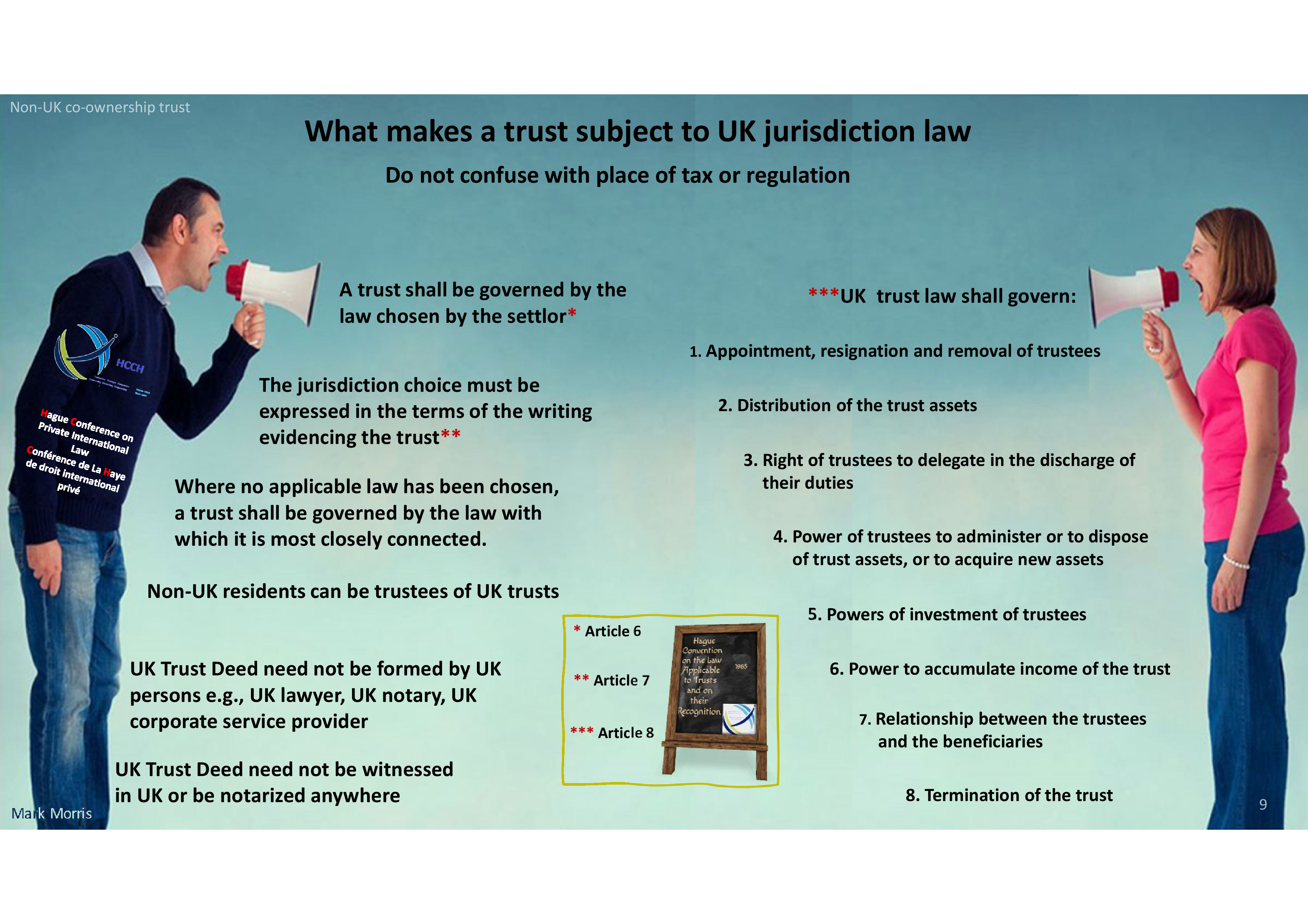 Presentation slide titled "What makes a trust subject to UK jurisdiction law" with graphics of people shouting and a