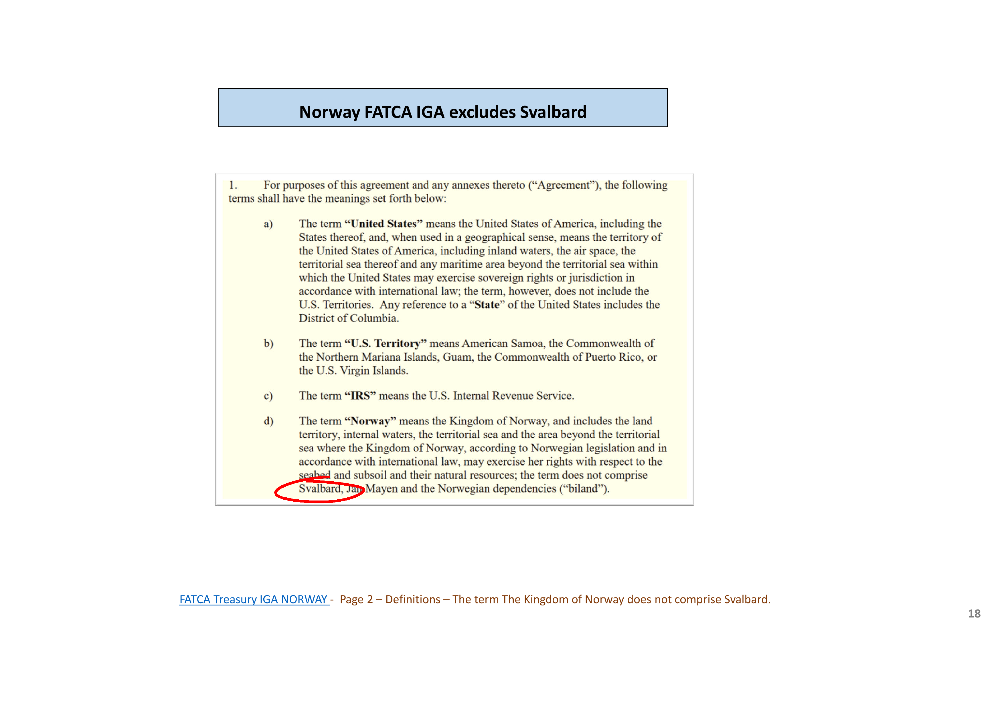 Norway FATCA IGA excludes Svalbard text and definitions list.