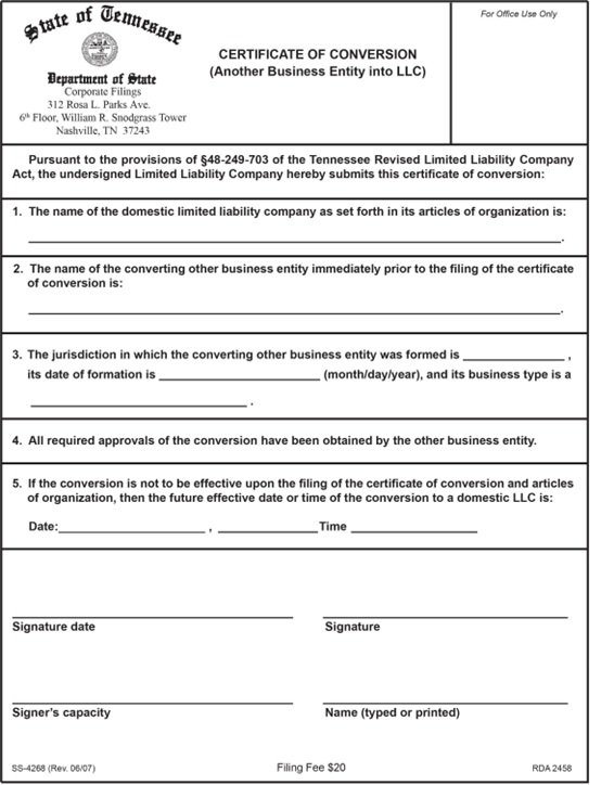 State of Tennessee Certificate of Conversion form for another business entity into LLC.