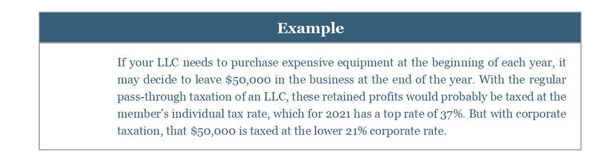 Text box with heading Example and a paragraph comparing LLC and corporate taxation.