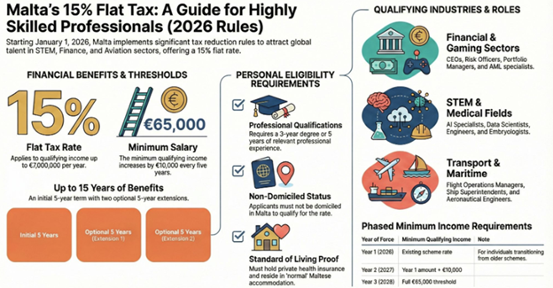Malta's 15% flat tax guide for skilled professionals, detailing benefits, requirements, and qualifying sectors.