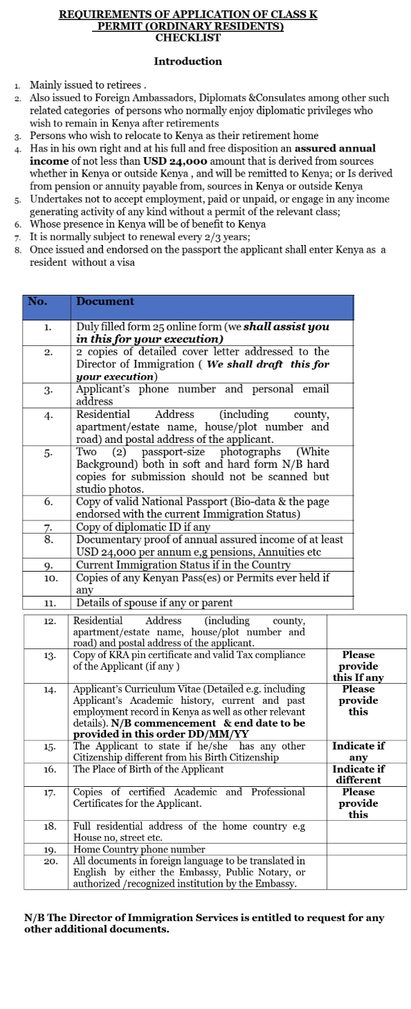 Checklist for Kenya Class K ordinary residents permit application requirements.