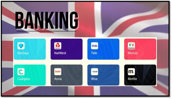 Banking logos including Barclays, NatWest, Tide, Monzo, Cashplus, Anna, Wise, and Mettle.