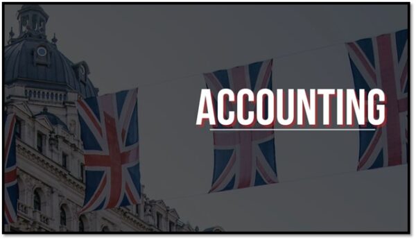 Union Jack flags and the word ACCOUNTING on a dark background.
