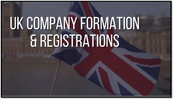 UK company formation and registrations text over a Union Jack flag.