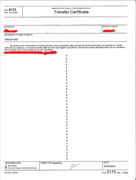 IRS Form 5173 Transfer Certificate with fields for estate, date of death, and residence.
