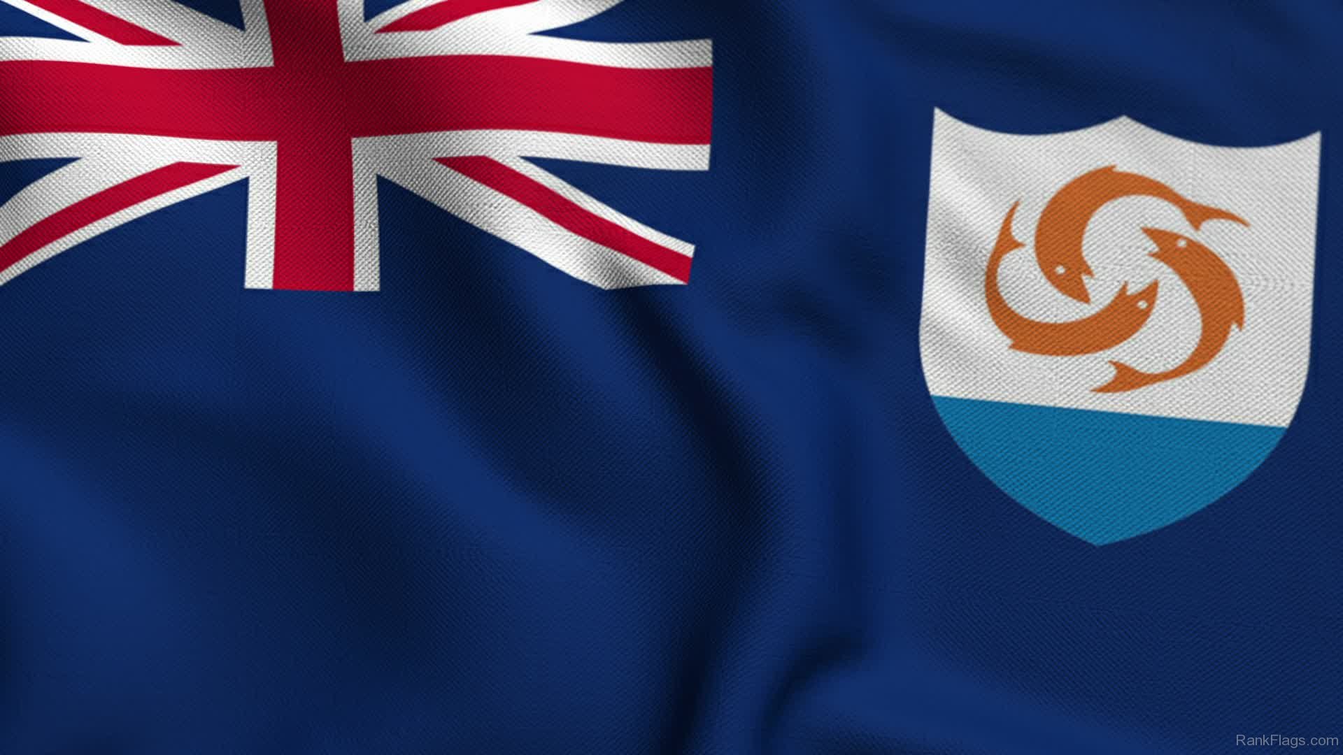 Flag of Anguilla with Union Jack and coat of arms featuring three orange dolphins.