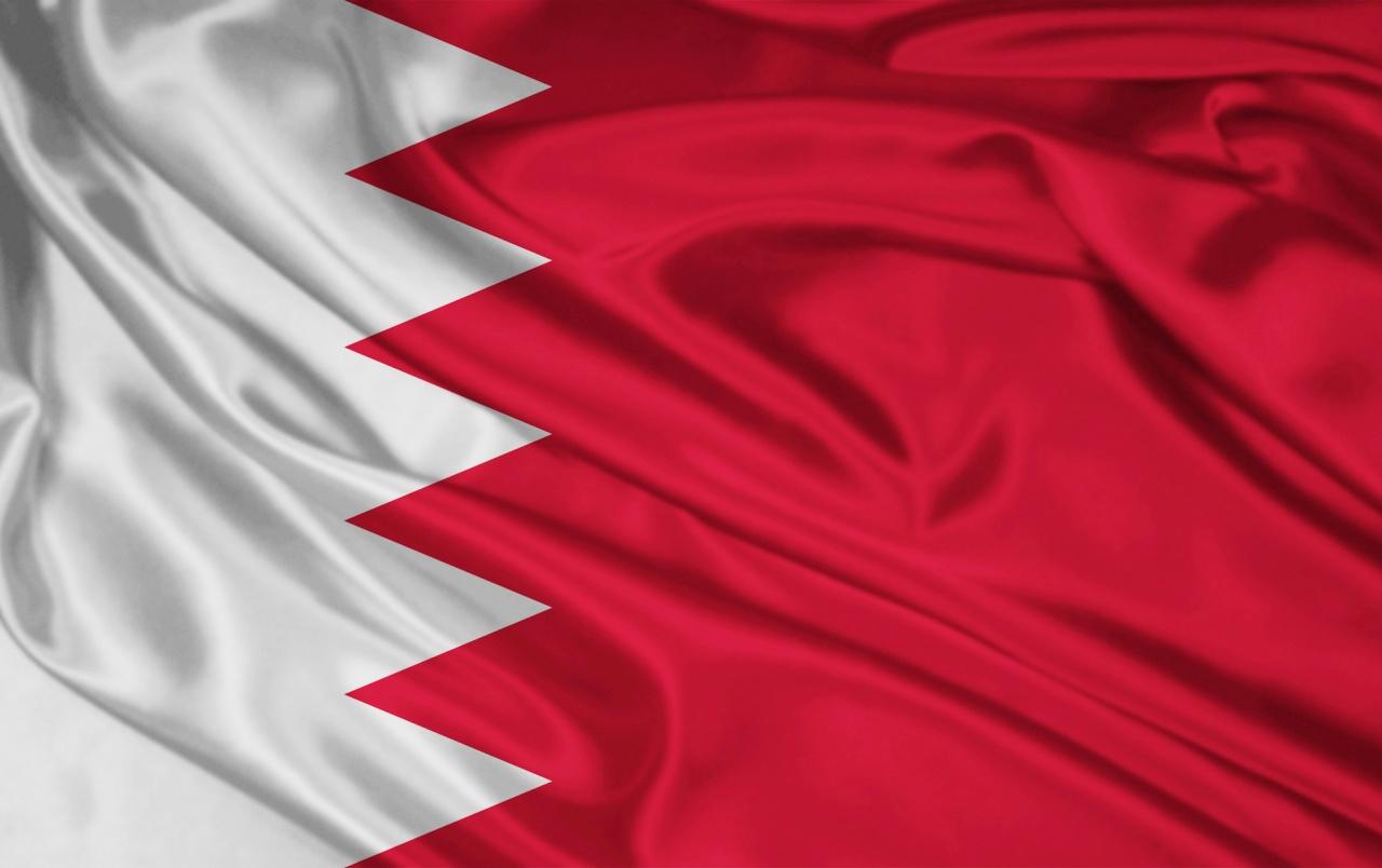 The flag of Bahrain, a white serrated band divides red and white fields.